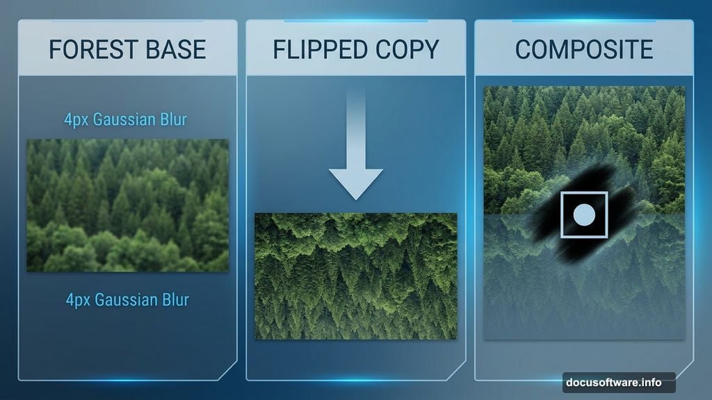 Flipped forest layer creates convincing still water reflection effect