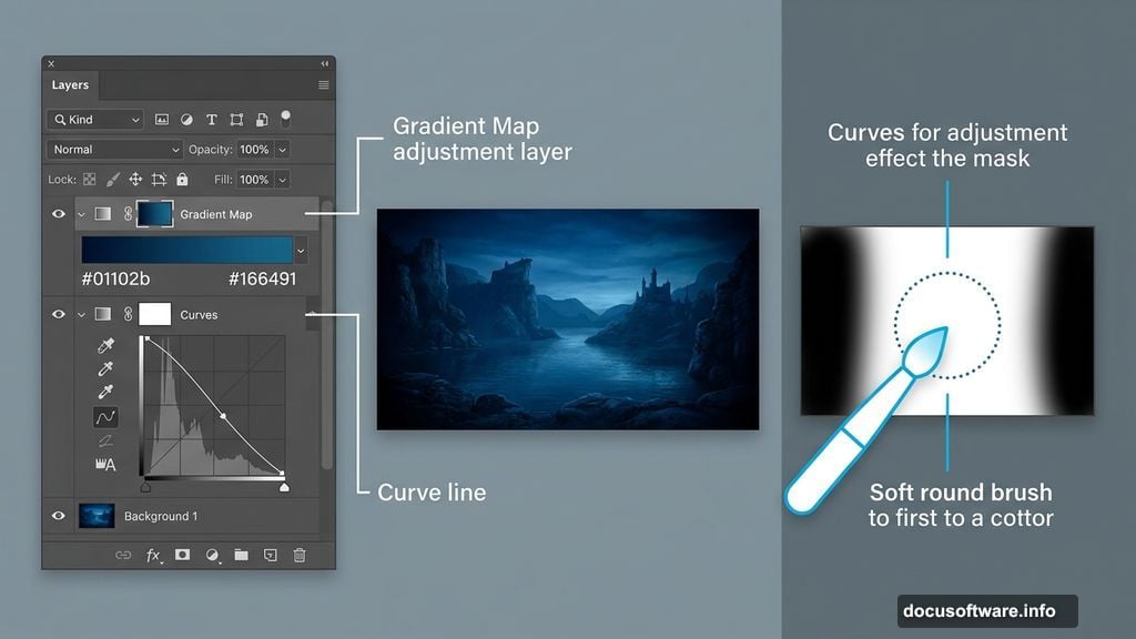 Gradient Map and Curves adjustment layers create moody blue fantasy atmosphere
