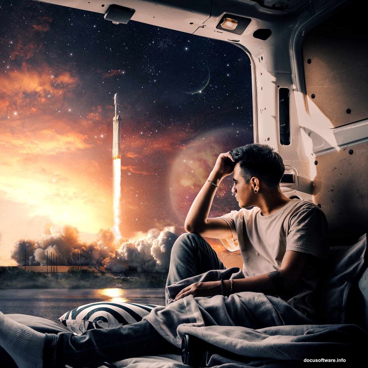 Photoshop canvas setup at 3080px 300 dpi for rocket launch composite