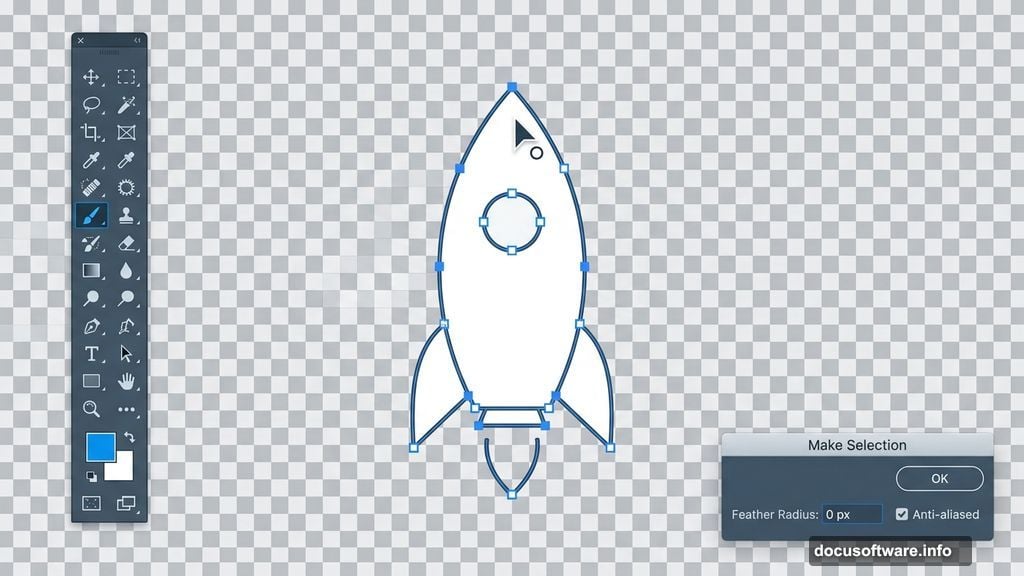 Pen Tool anchor points tracing rocket outline with Make Selection dialog