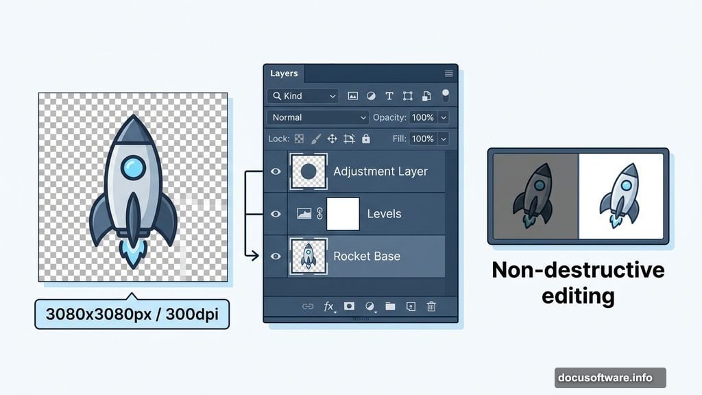 Levels adjustment layer clipped to rocket layer for non-destructive editing