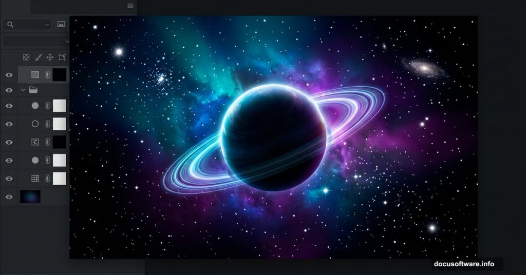 Stunning Photoshop-created space scene with glowing nebula planet and stars