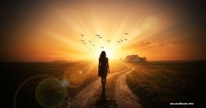 Silhouette girl walking home through golden sunrise field composite art