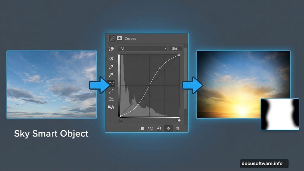 Curves adjustment layers create sunrise glow and vignette sky depth