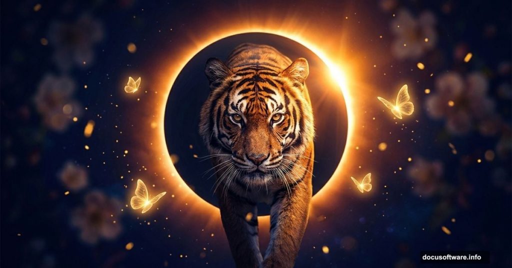 Majestic tiger emerging from glowing solar eclipse in fantasy scene