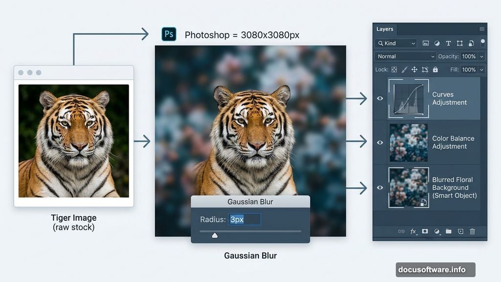 Tiger extraction layered over Gaussian blurred floral background with Curves adjustment