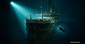 Dramatic underwater Titanic shipwreck with diver exploring in Photoshop