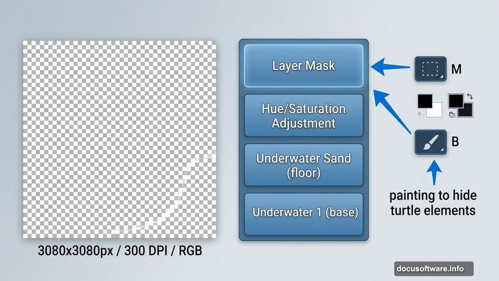 Building underwater background layers with Hue Saturation adjustment and Layer Mask
