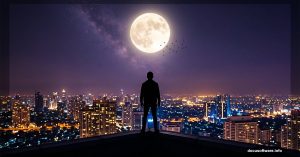 Silhouetted figure on rooftop against glowing moonlit city skyline