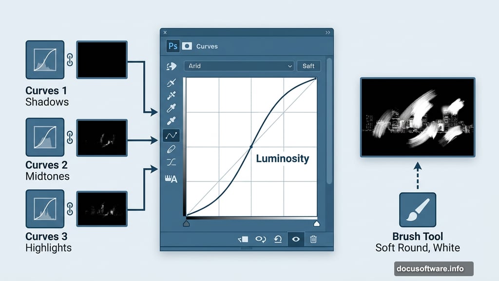 Three Curves adjustment layers with inverted masks targeting shadows midtones highlights