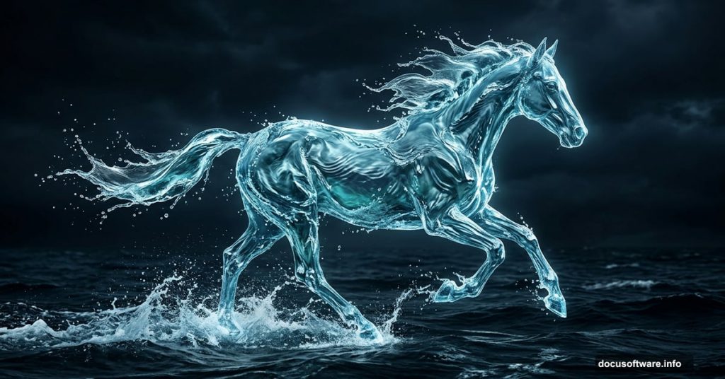 Majestic galloping horse sculpted entirely from translucent flowing water