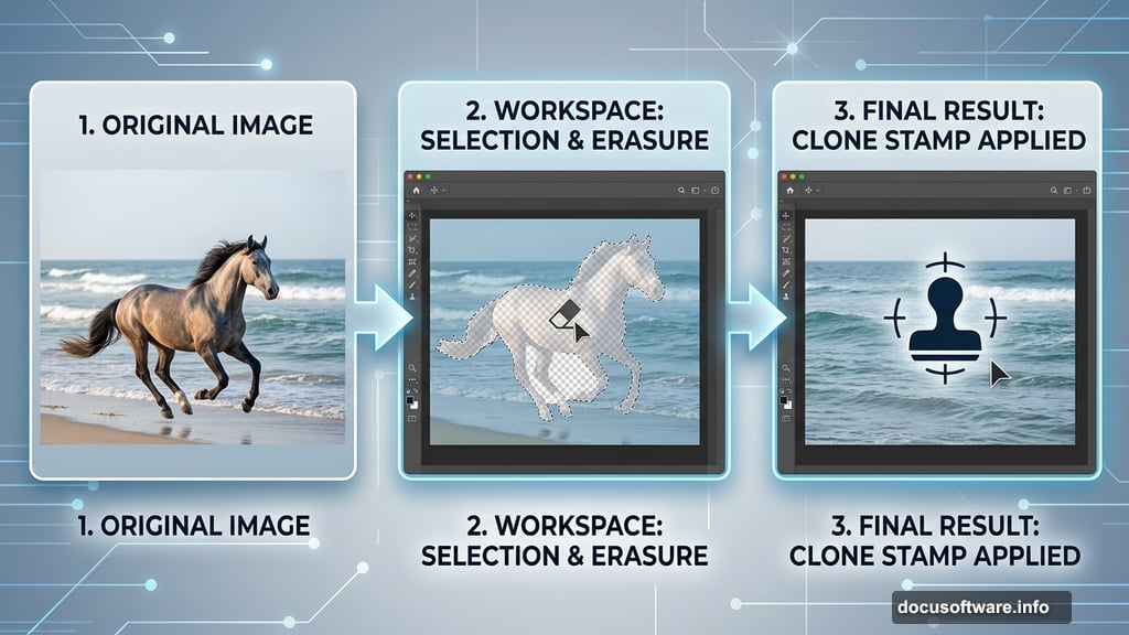 Clone Stamp tool replacing galloping horse with sea background in Photoshop