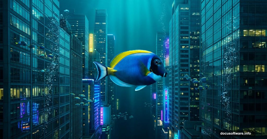 Giant fish swimming through surreal underwater skyscraper city scene