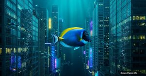 Giant fish swimming through surreal underwater skyscraper city scene