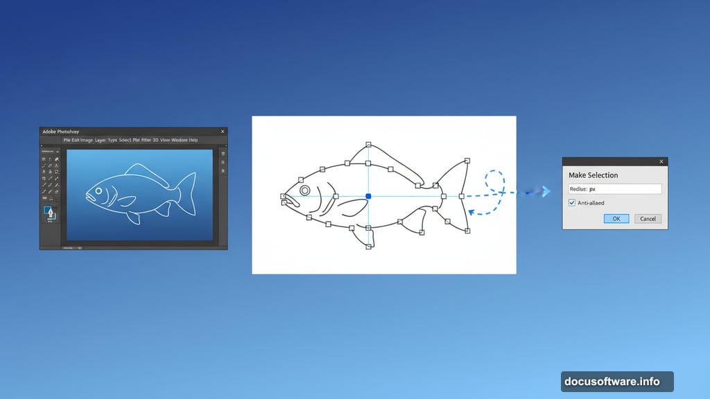 Pen Tool tracing fish outline with anchor points and Make Selection dialog