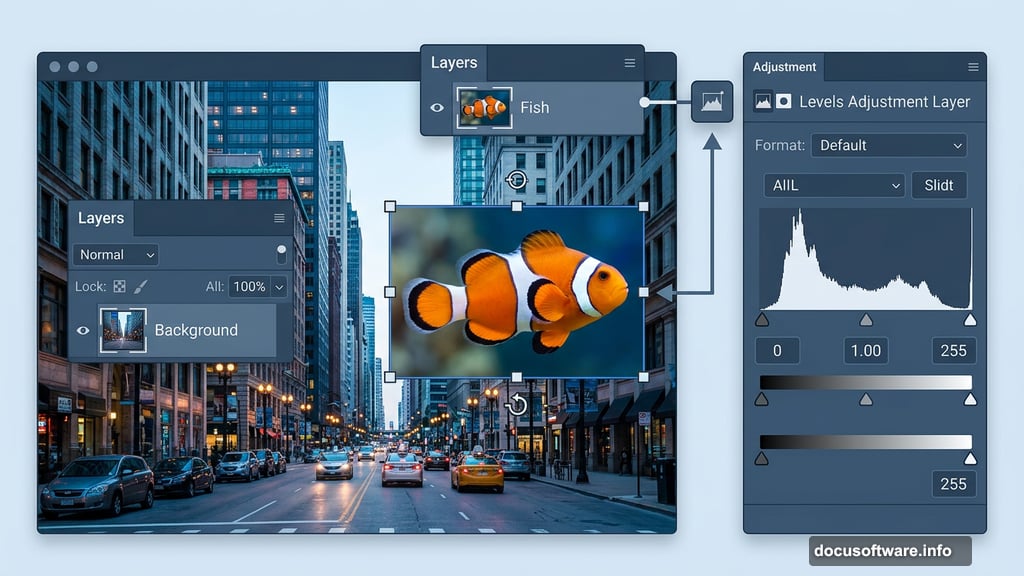 Levels Adjustment Layer correcting tonal balance between fish and city background