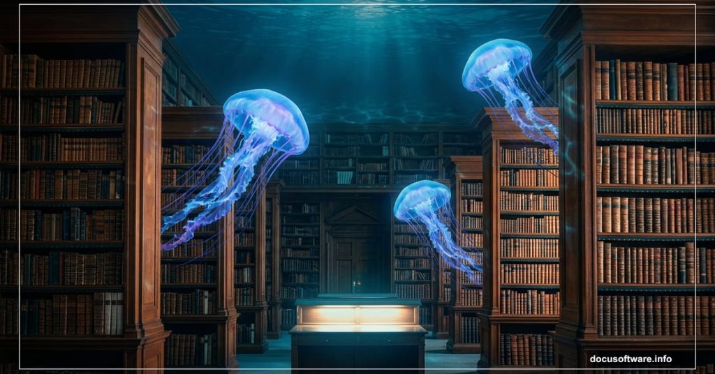 Surreal library transformed into underwater aquarium with glowing jellyfish