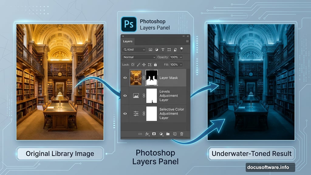 Photoshop adjustment layers transform library into moody underwater aquarium scene