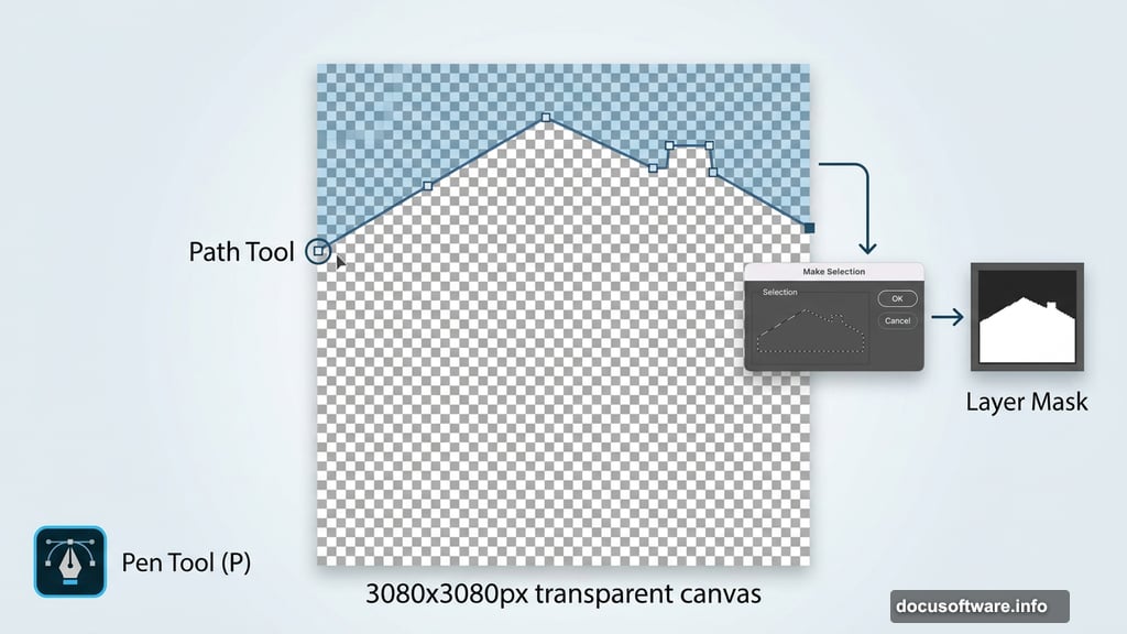 Pen Tool traces library roofline path converted into Layer Mask selection