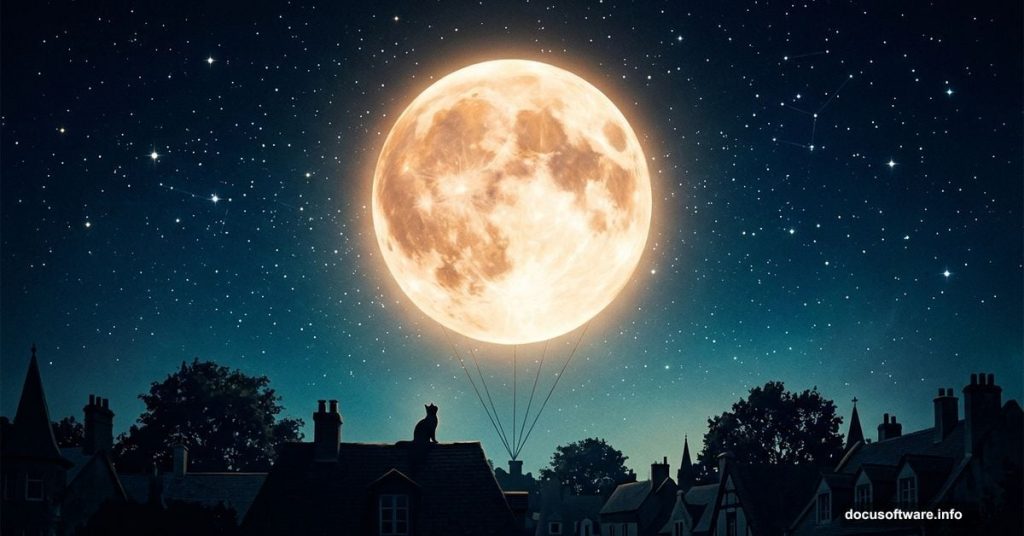 Surreal glowing moon balloon floating above rooftops with cat silhouette