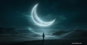 Surreal Photoshop composite of giant crescent moon over desert with child silhouette