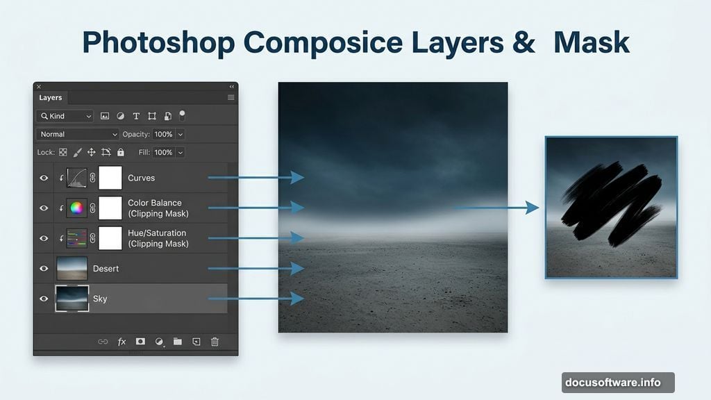 Blending desert with layer masks and Hue/Saturation adjustment layers