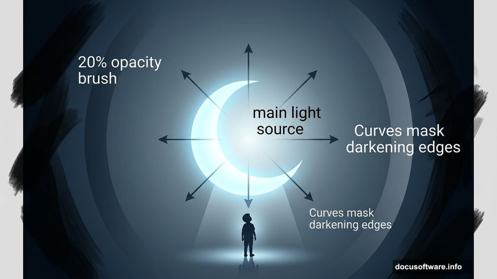 Glowing crescent moon centered above child silhouette in dark desert
