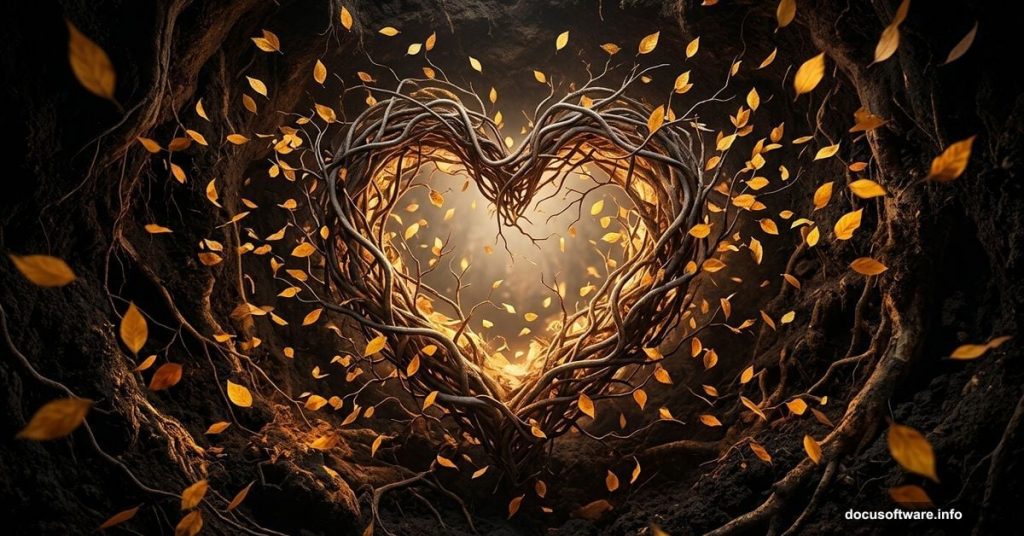 Surreal glowing heart made of twisted branches with scattering leaves