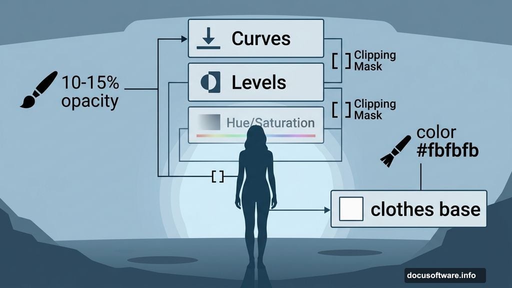 Curves, Levels, and Hue/Saturation adjustment layers with clipping masks applied