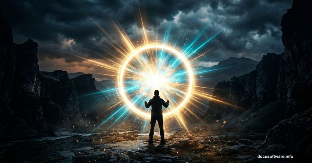 Surreal glowing portal with light rays and lone human silhouette