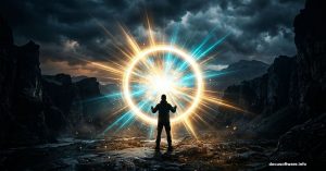 Surreal glowing portal with light rays and lone human silhouette