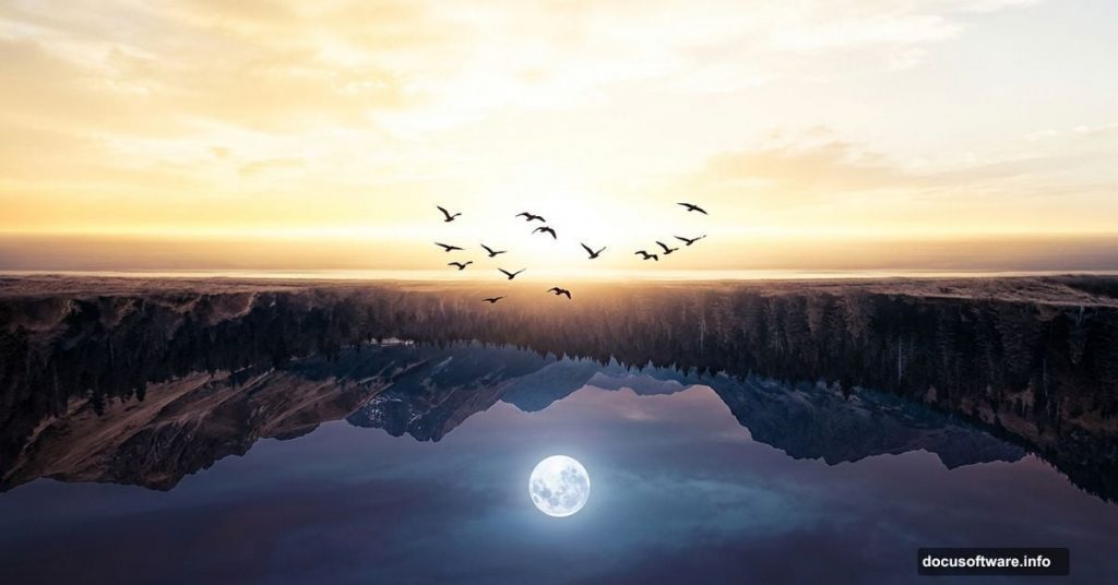 Surreal upside-down landscape with mirrored sky and flipped world