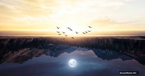 Surreal upside-down landscape with mirrored sky and flipped world