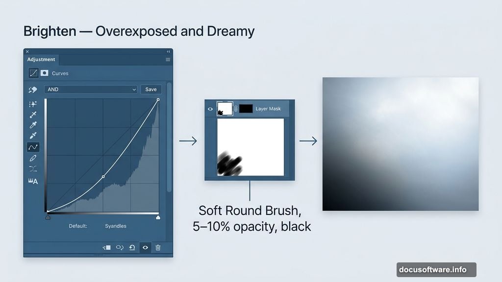 Curves adjustment layer and brush mask create soft luminous sky