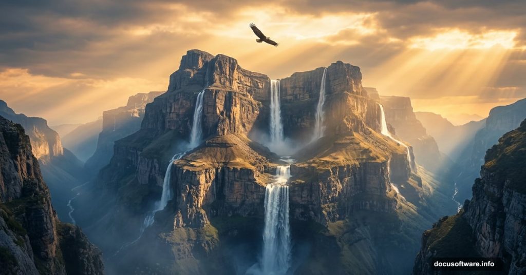Surreal mountain scene with cascading waterfalls and dramatic glowing light