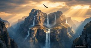 Surreal mountain scene with cascading waterfalls and dramatic glowing light