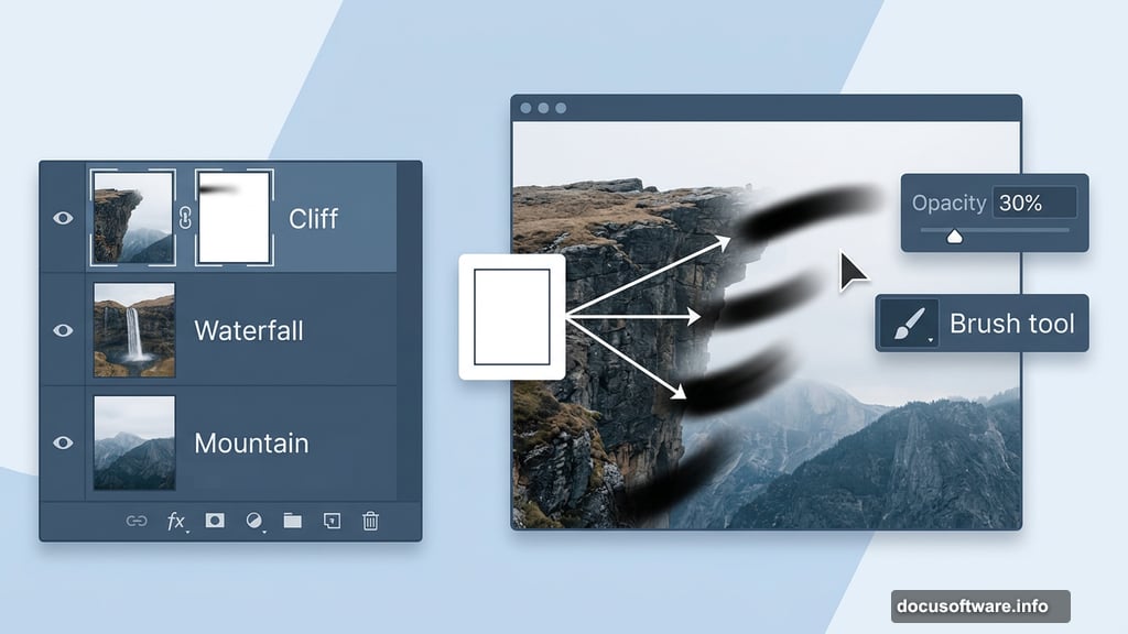 Layer mask with soft brush blends cliff into mountain in Photoshop
