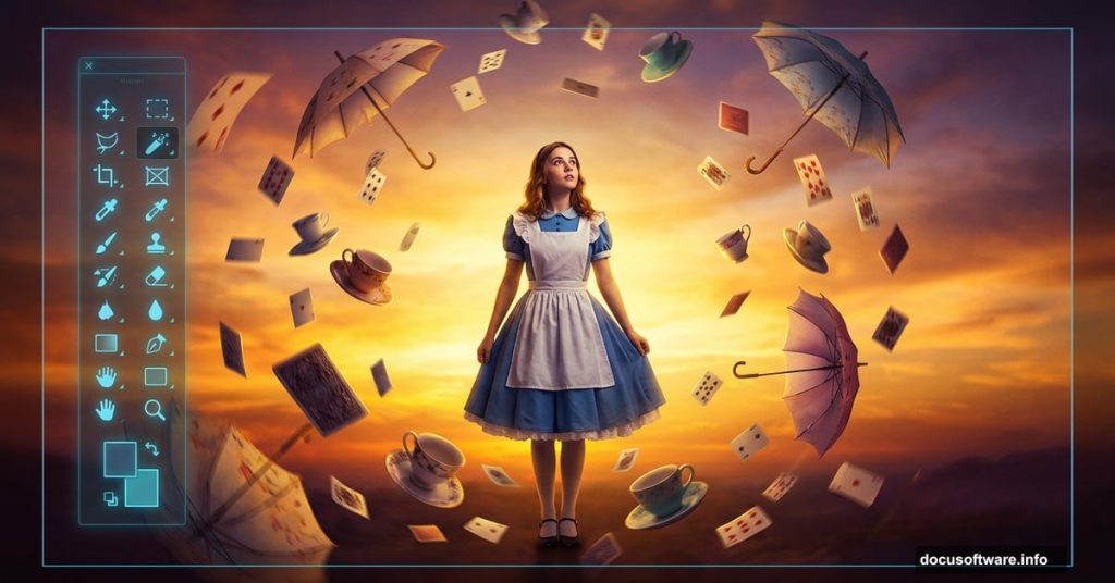 Alice in Wonderland surreal Photoshop photo manipulation scene with floating cards