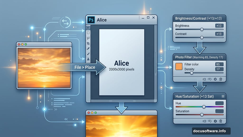 Stacked Photoshop adjustment layers creating a warm sunset sky glow