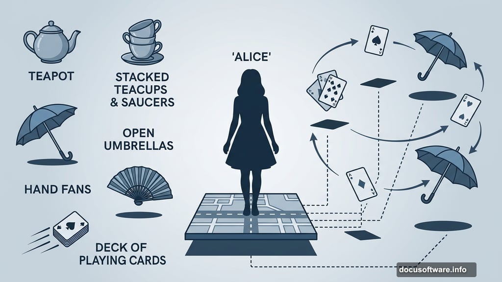 Alice model surrounded by floating teacups, playing cards, and umbrellas