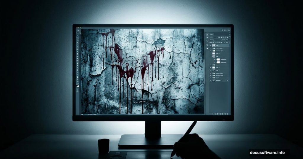 Dark Photoshop screen showing creepy blood splatter photo manipulation artwork