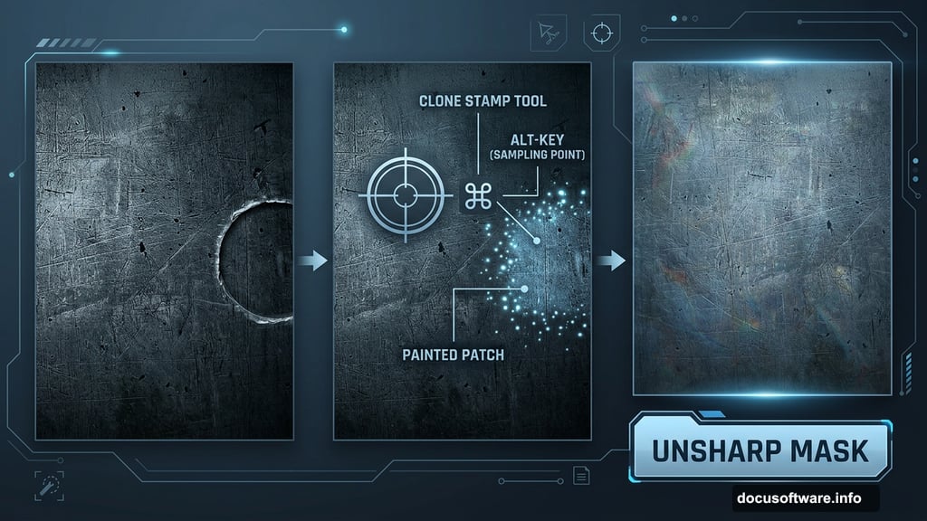 Clone Stamp Tool removes carved circle detail from grunge background