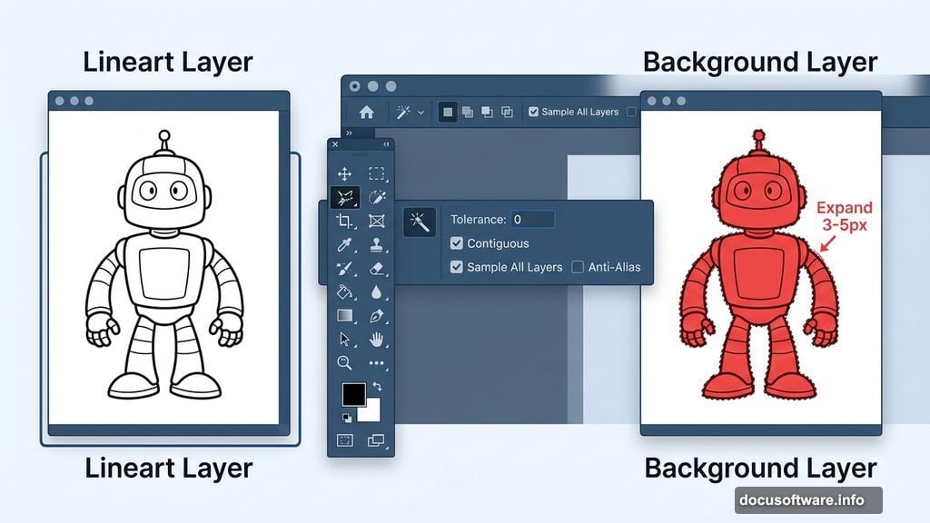 Magic Wand tool fills background layer with flat cartoon color