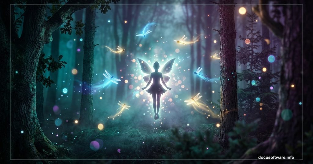 Glowing fairy surrounded by luminous dragonflies in misty enchanted forest