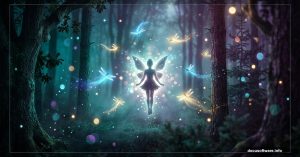 Glowing fairy surrounded by luminous dragonflies in misty enchanted forest