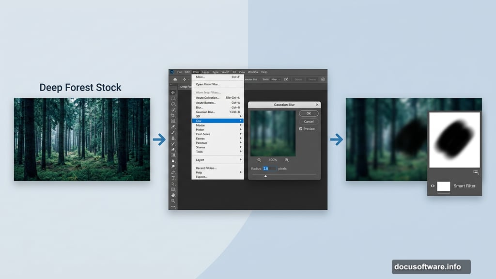 Gaussian Blur Smart Filter mask creating depth in forest background layer