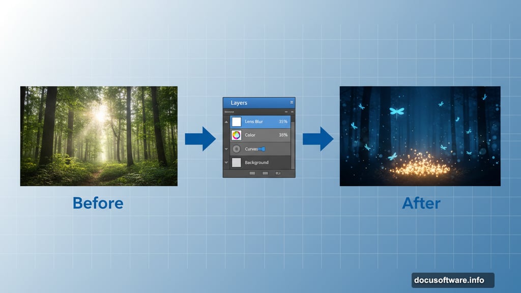 Lens Blur and opacity layers transform daytime forest into fairy night scene