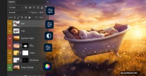 Surreal sleeping girl in bathtub floating in golden sunset field