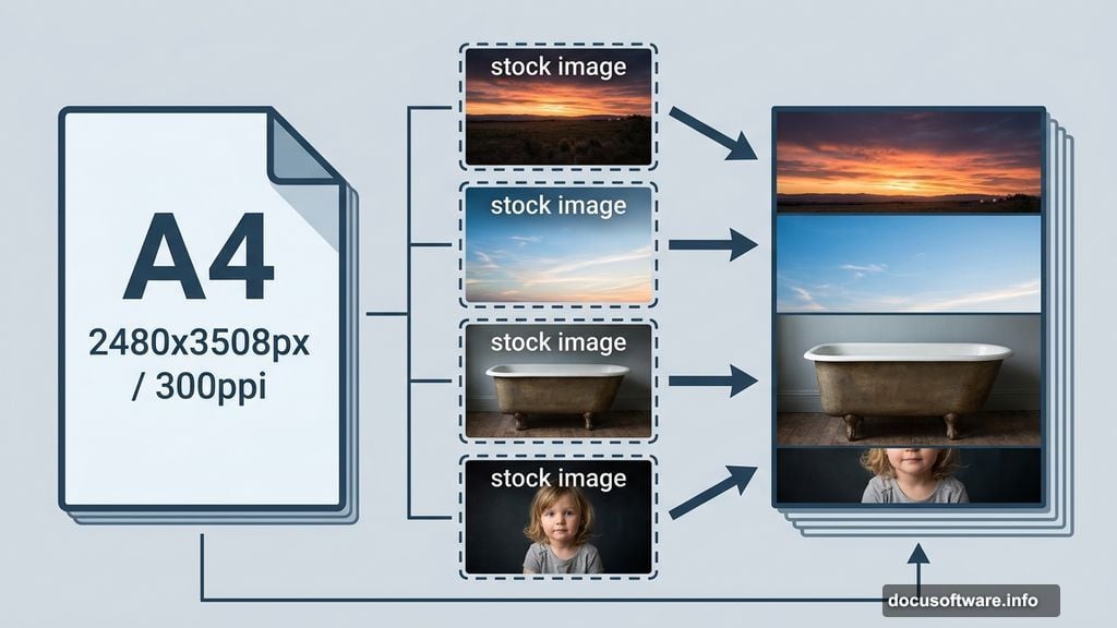 Stock photo selection and A4 canvas setup at 300ppi resolution