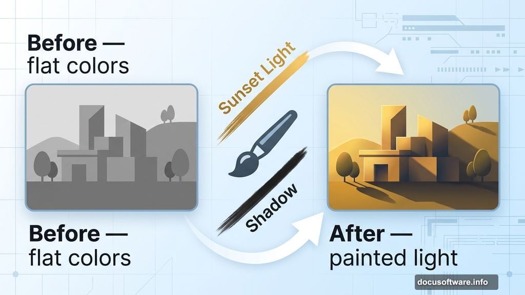 Brush tool painting realistic sunset light and shadows manually in Photoshop